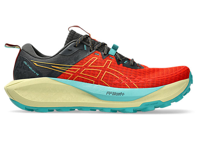 Side view on white background of Mens Asics Gel-Trabuco 13 running shoe in Piquant Orange/Sandstorm, Medium (Regular) width
