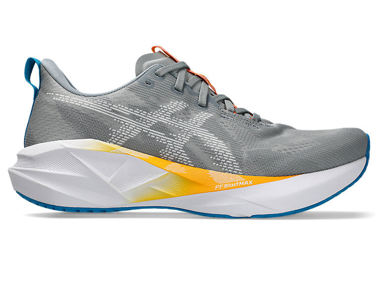 Side view on white background of Mens Asics Novablast 5 running shoe in Gravel/White, Wide width