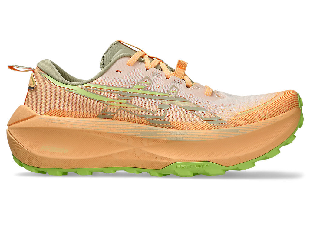 Side view on white background of Mens Asics Trabuco Max 4 running shoe in Cream/Khaki, Medium (Regular) width