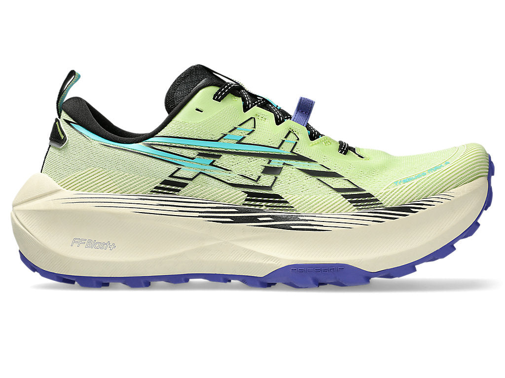 Side view on white background of Mens Asics Trabuco Max 4 running shoe in Lime Green/Black, Medium (Regular) width