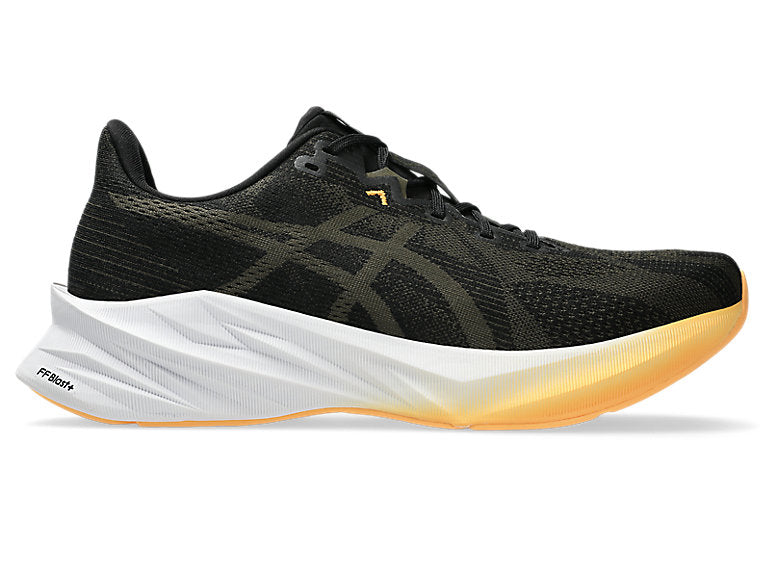 Side view on white background of Mens Asics Dynablast 5 running shoe in Black/BrownStone, Medium (Regular) width