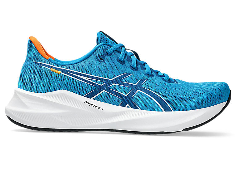 Side view on white background of Mens Asics Versablast 4 running shoe in Aegean Blue/White, Medium (Regular) width