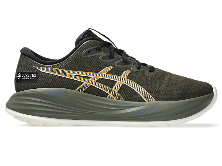 Side view on white background of Mens Asics Gel-Cumulus 27 running shoe in Brown Stone/Whisper Green, Medium (Regular) width