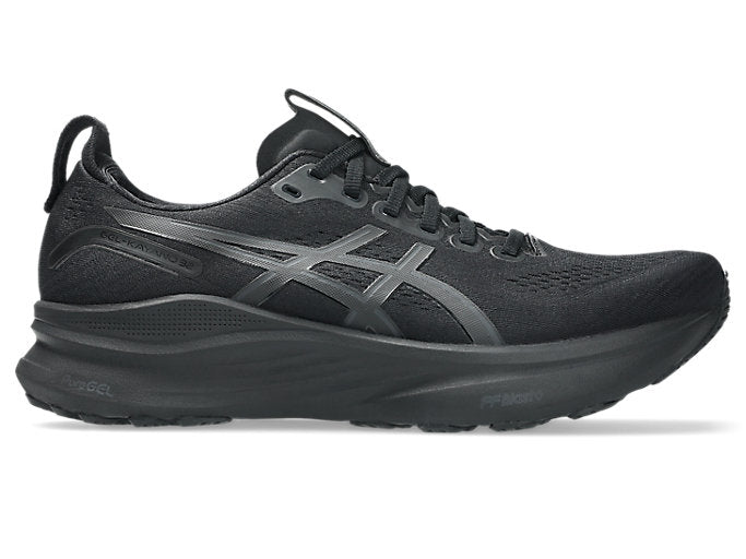 Side view on white background of Mens Asics Gel-Kayano 32 running shoe in Black/Graphie Grey, Medium (Regular) width