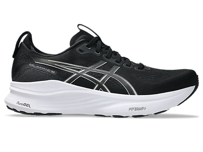 Side view on white background of Mens Asics Gel-Kayano 32 running shoe in Black/White, Medium (Regular) width
