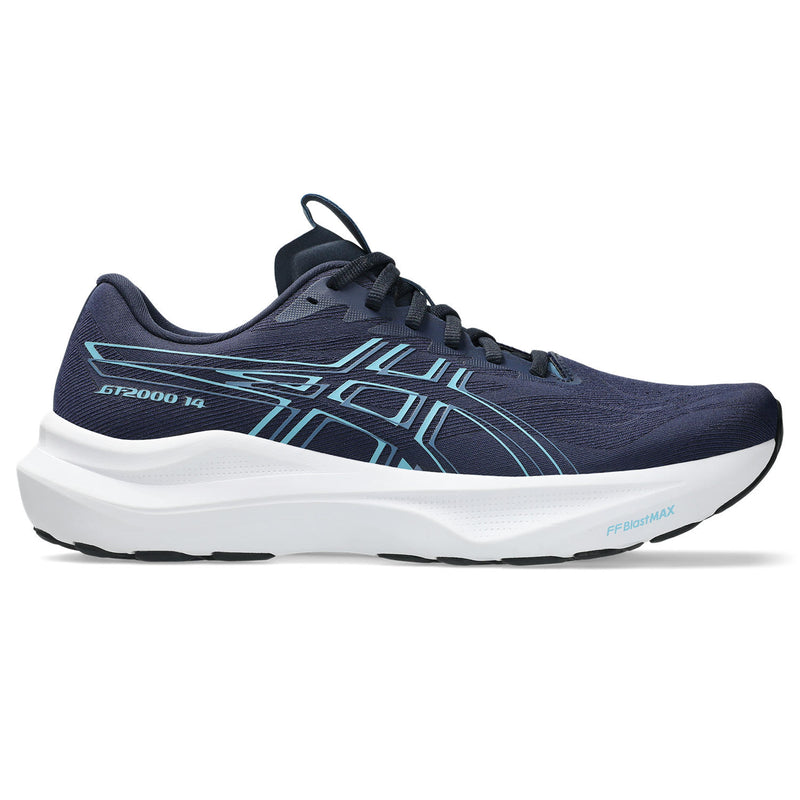 Side view on white background of Mens Asics GT-2000 14 running shoe in Midnight/Still Water, Wide width