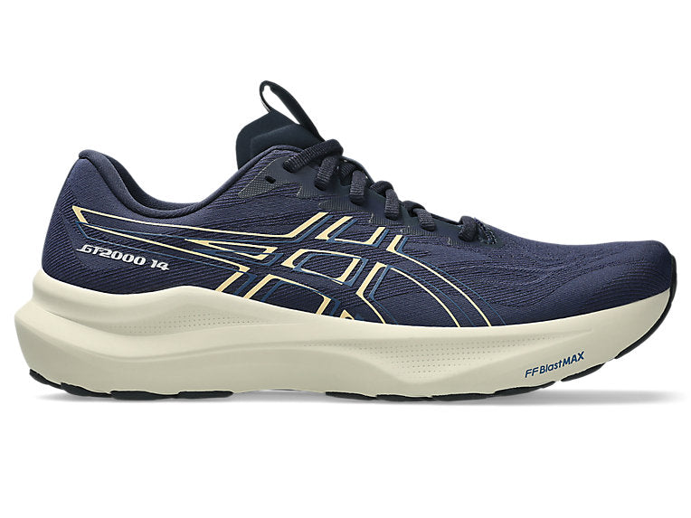 Side view on white background of Mens Asics GT-2000 14 running shoe in Midnight/Light Orange, Wide width