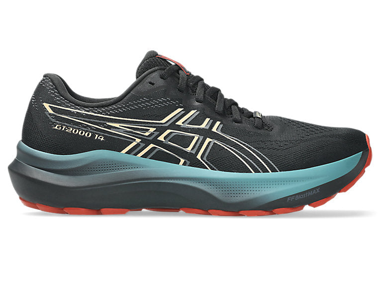 Side view on white background of Mens Asics GT-2000 14 GTX running shoe in Black/Apricot Crush, Medium (Regular) width