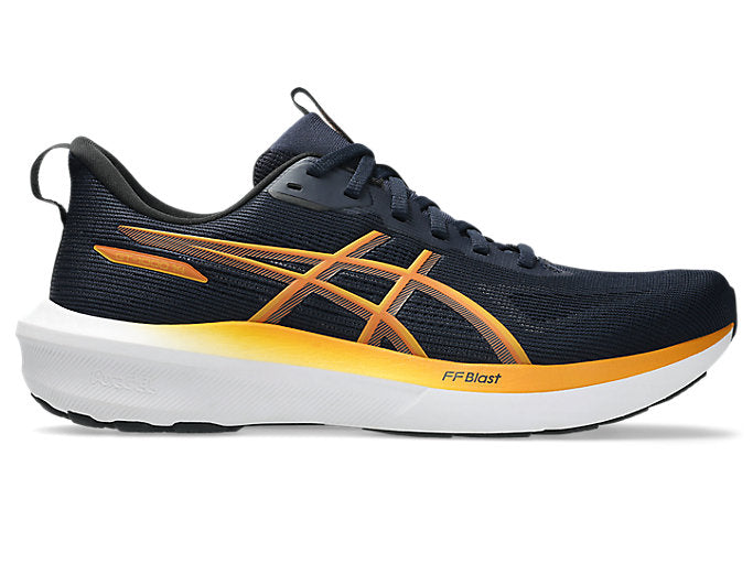 Side view on white background of Mens Asics GT-1000 14 running shoe in Midnight/Sandstorm, Medium (Regular) width