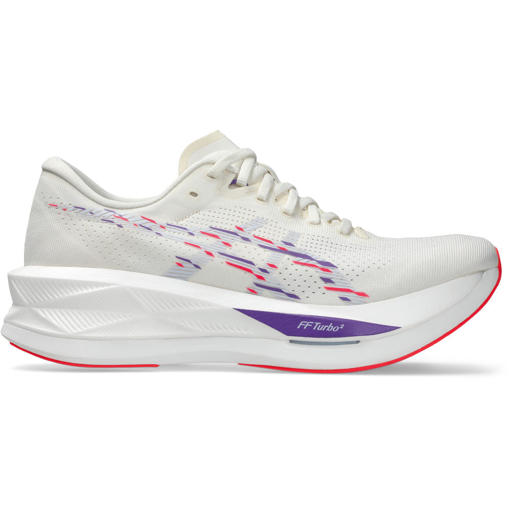 Side view on white background of Mens Asics Sonicblast running shoe in Cream/Blue Fade, Medium (Regular) width