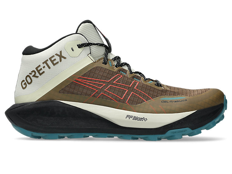 Side view on white background of Mens Asics Gel-Trabuco MT GTX running shoe in Clay Canyon/Spice Latte, Medium (Regular) width