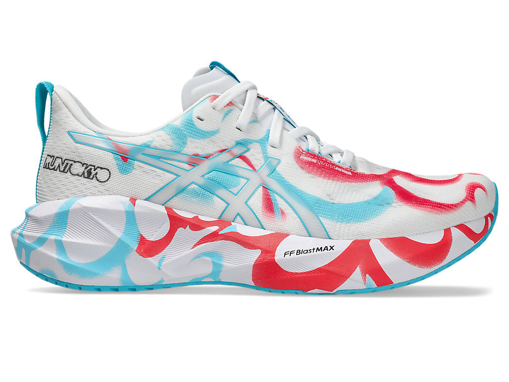 Asics Novablast 5 Mens running shoes in White/Aquarium - side view on white background