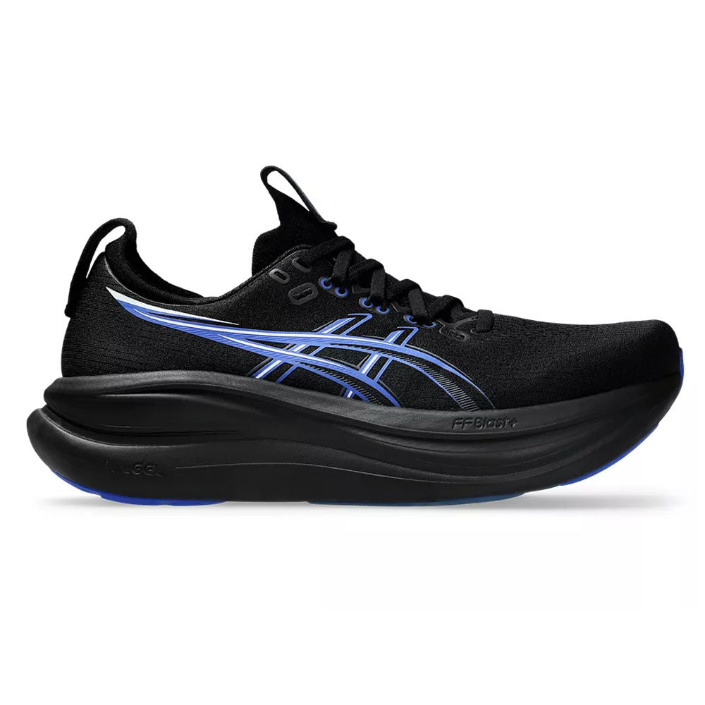 Side view on white background of Mens Asics Gel-Nimbus running shoe in Black/Neon Blue, Medium (Regular) width