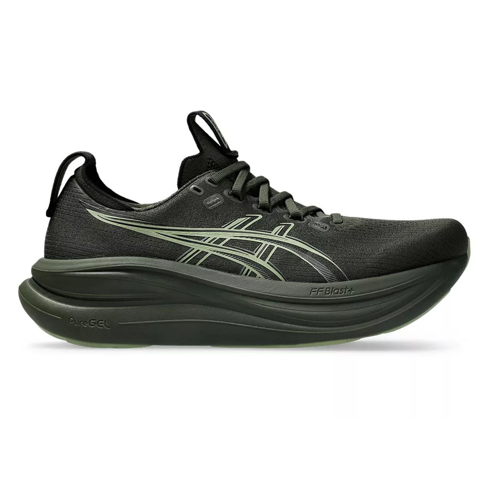 Side view on white background of Mens Asics Gel-Nimbus running shoe in Vintage Khaki/Khaki Green, Medium (Regular) width