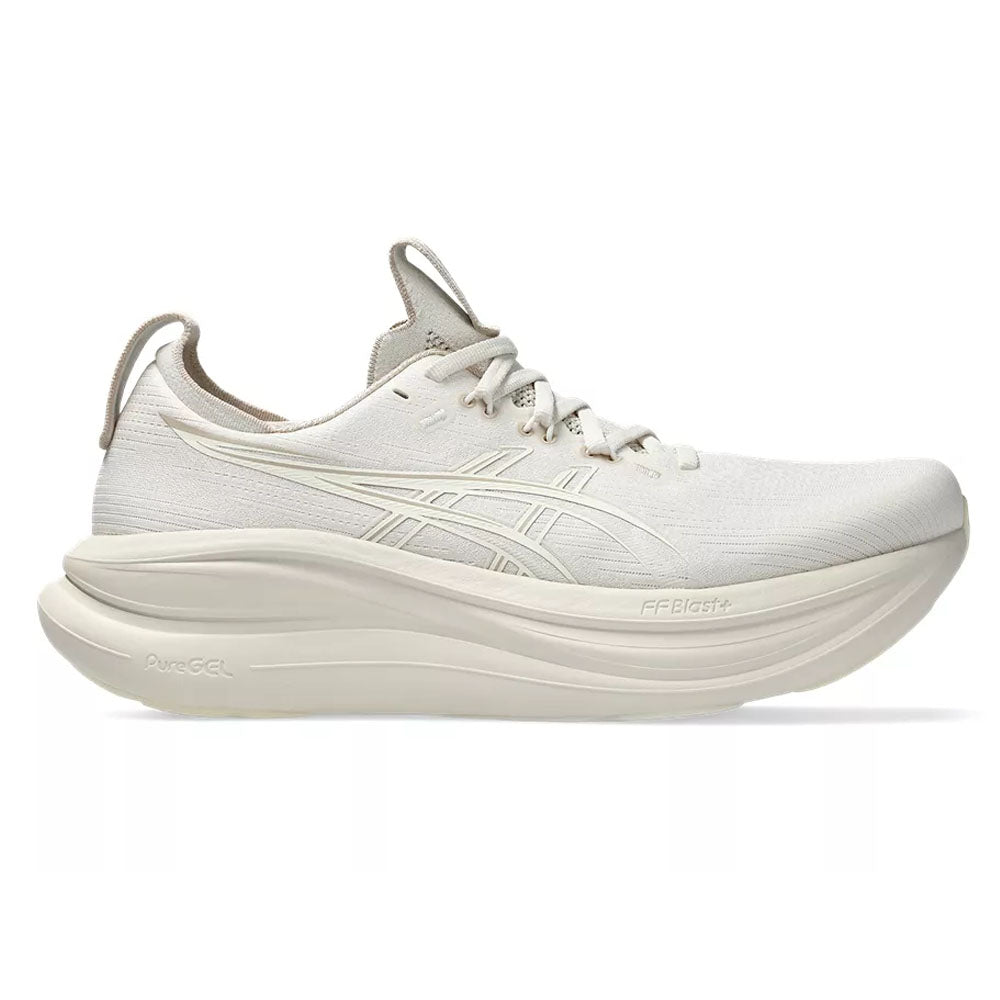 Side view on white background of Mens Asics Gel-Nimbus running shoe in Soft Oat/Cream, Medium (Regular) width