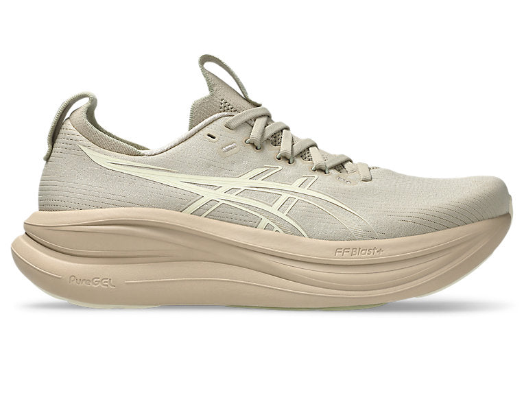 Side view on white background of Mens Asics Gel-Nimbus 28 running shoe in Feather Grey/Cream, Medium (Regular) width