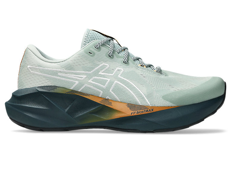 Side view on white background of Mens Asics Novablast 5 running shoe in Nature Bathing/Lichen Rock, Medium (Regular) width