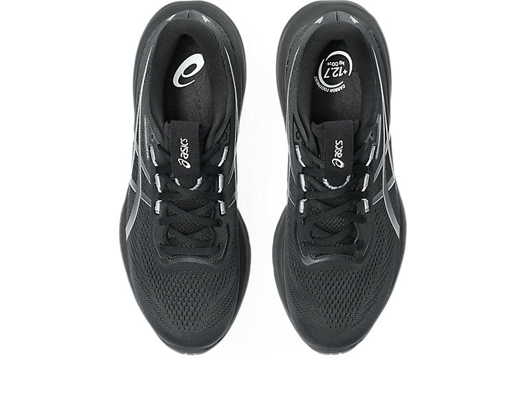Side view on white background of Mens Asics Gel-Cumulus 28 running shoe in Black/Carrier Grey, Medium (Regular) width