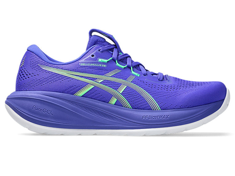 Side view on white background of Mens Asics Gel-Cumulus 28 running shoe in Cobalt Burst/Illuminate Green, Medium (Regular) width