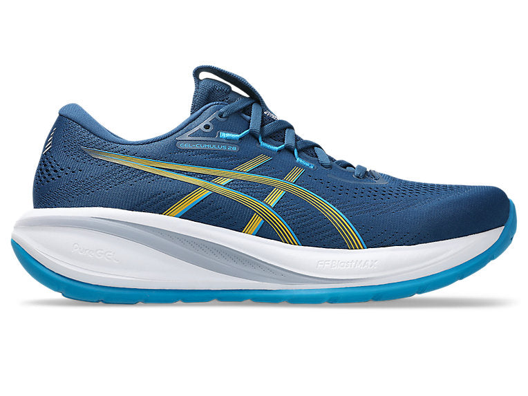 Side view on white background of Mens Asics Gel-Cumulus 28 running shoe in Twilight Blue/Yamabuki, Medium (Regular) width