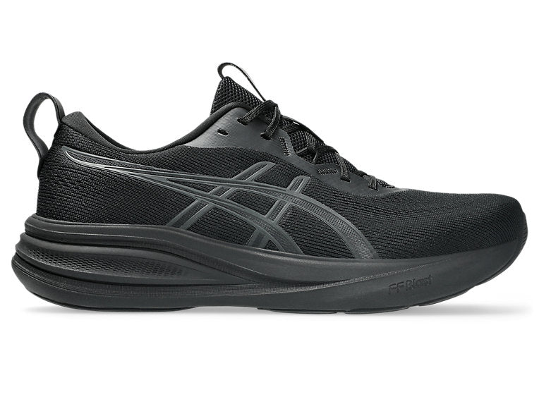 Side view on white background of Mens Asics Gel-Pulse 17 running shoe in Black/Graphite Grey, Medium (Regular) width