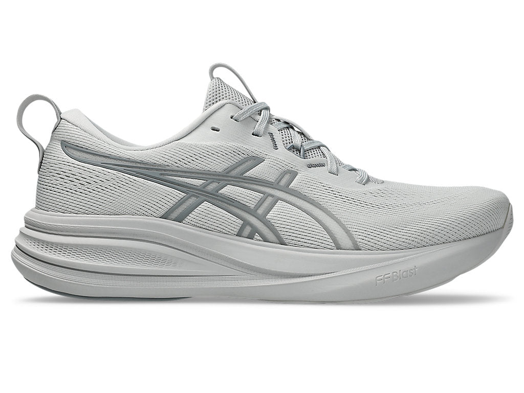 Side view on white background of Mens Asics Gel-Pulse 17 running shoe in Cloud Grey/Gravel, Medium (Regular) width