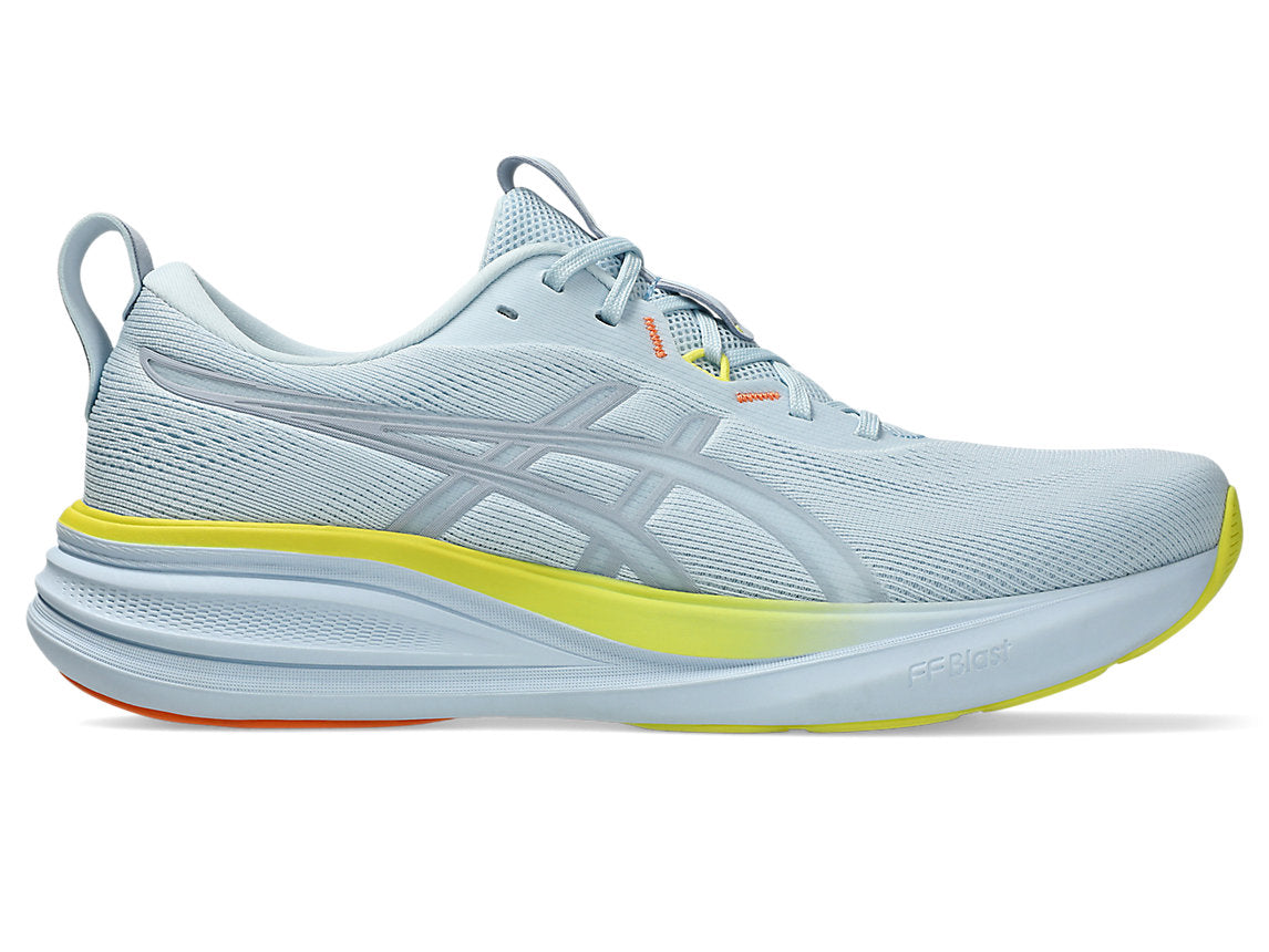 Side view on white background of Mens Asics Gel-Pulse 17 running shoe in Sky/Grey Blue, Medium (Regular) width