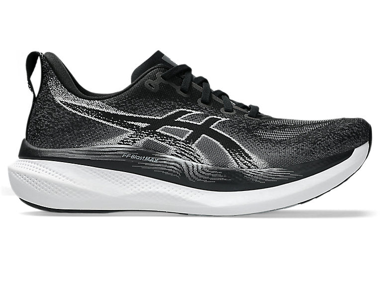Side view on white background of Mens Asics Glideride Max 2 running shoe in Black/White, Medium (Regular) width