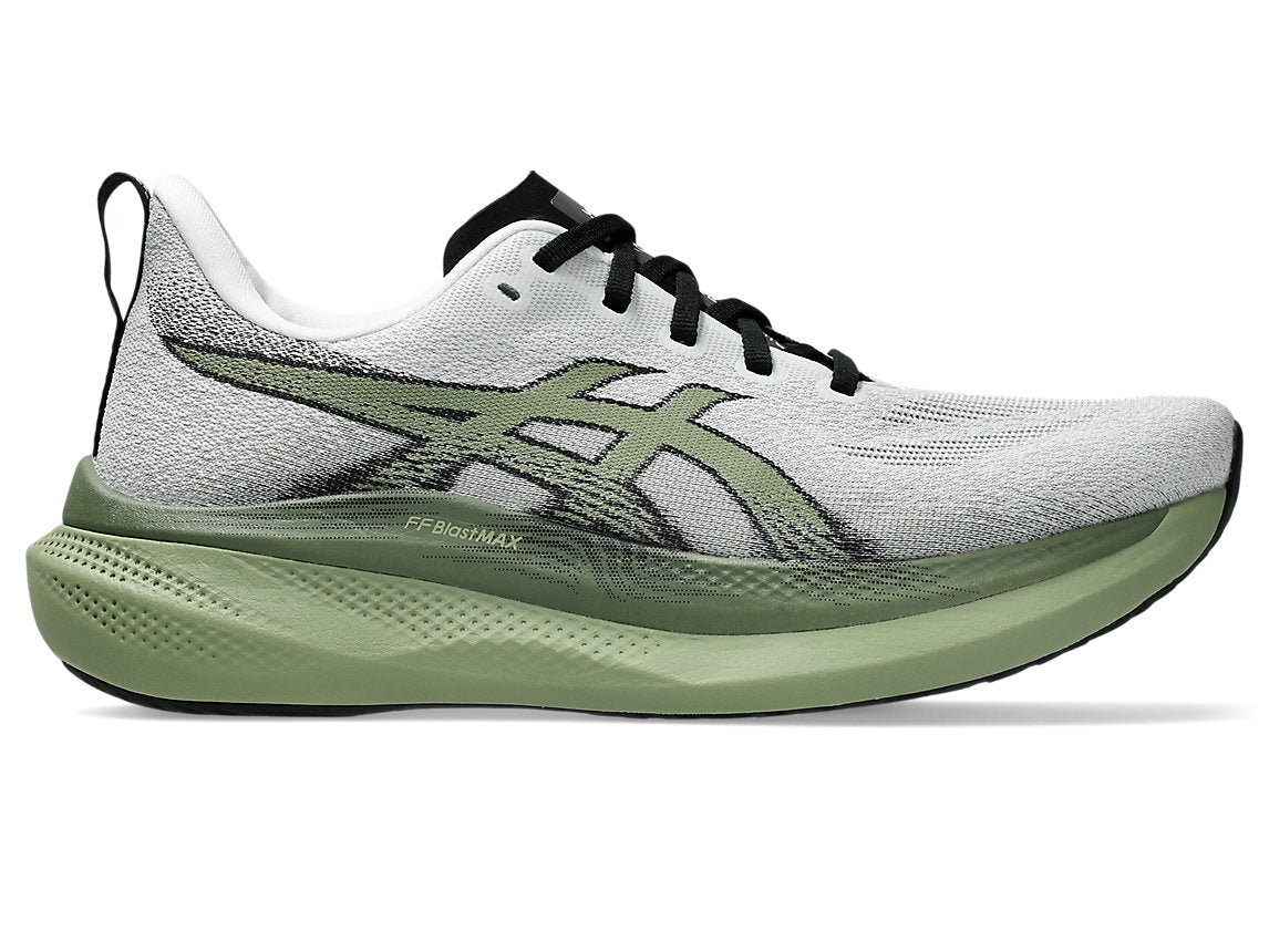 Side view on white background of Mens Asics Glideride Max 2 running shoe in White/Moss, Wide width