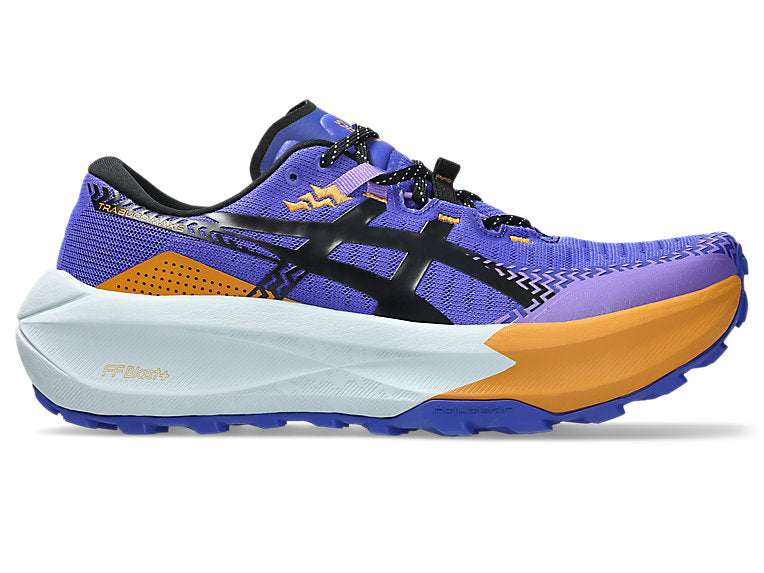 Side view on white background of Mens Asics Trabuco Max 5 running shoe in Cobalt Burst/Black, Medium (Regular) width