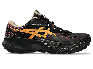 Side view on white background of Mens Asics Trabuco 14 GTX running shoe in Black/Brisket Red, Medium (Regular) width