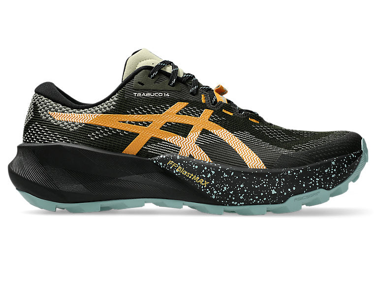 Side view on white background of Mens Asics Trabuco 14 running shoe in Vintage Khaki/Black, Medium (Regular) width