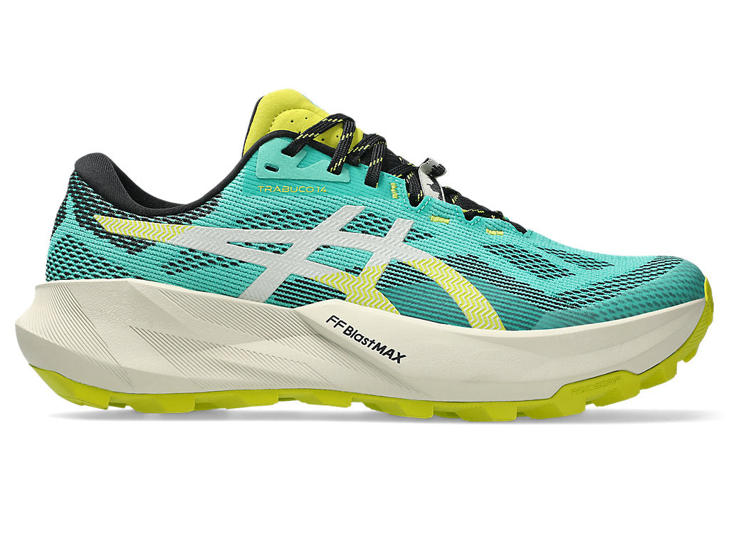 Side view on white background of Mens Asics Trabuco 14 running shoe in Aurora Green/Light Dust, Medium (Regular) width