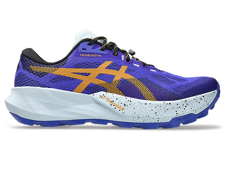 Side view on white background of Mens Asics Trabuco 14 running shoe in Cobalt Burst/Sandstorm, Medium (Regular) width