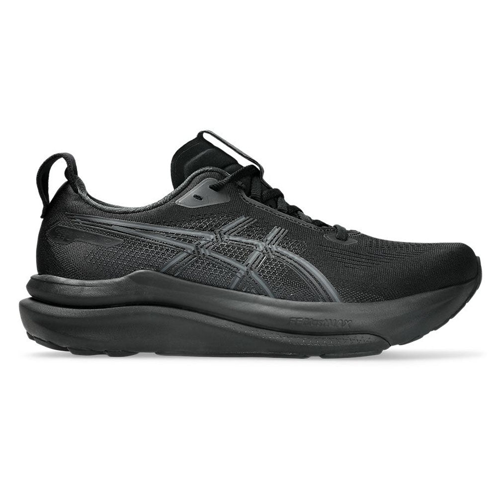 Side view on white background of Mens Asics Gel-Kayano running shoe in Black/Black, Medium (Regular) width