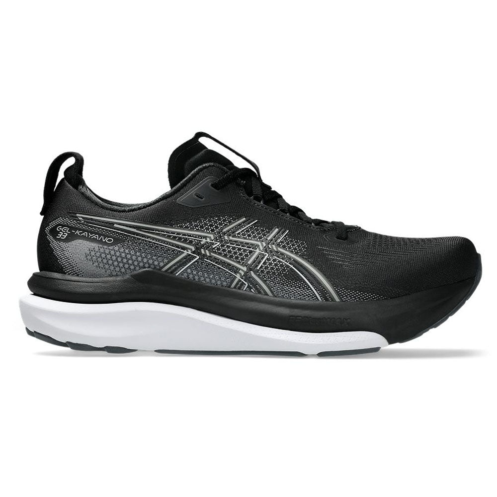 Side view on white background of Mens Asics Gel-Kayano running shoe in Black/White, Medium (Regular) width