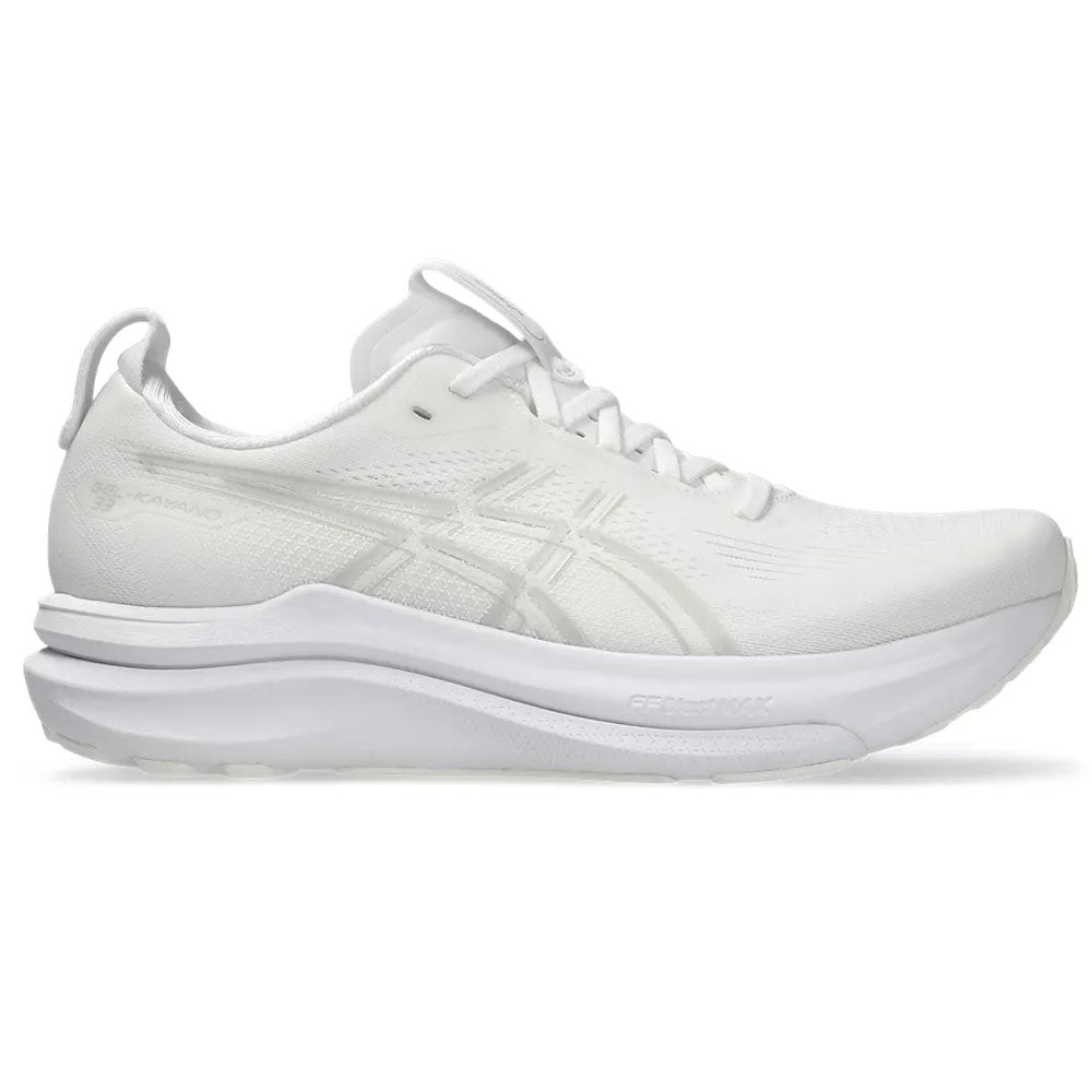 Side view on white background of Mens Asics Gel-Kayano running shoe in White/White, Medium (Regular) width