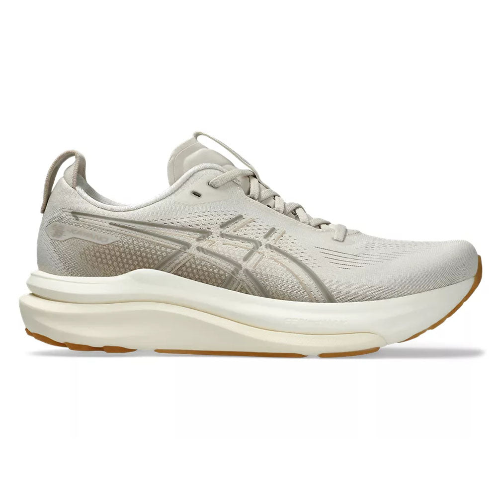 Side view on white background of Mens Asics Gel-Kayano running shoe in Oatmeal/Cream, Medium (Regular) width