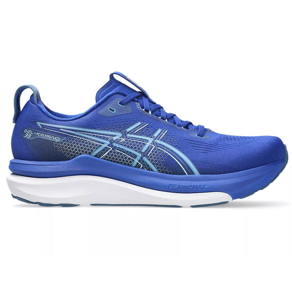 Side view on white background of Mens Asics Gel-Kayano running shoe in Prussian Blue/White, Medium (Regular) width