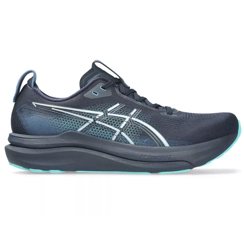 Side view on white background of Mens Asics Gel-Kayano running shoe in Midnight/Ice Mint, Medium (Regular) width