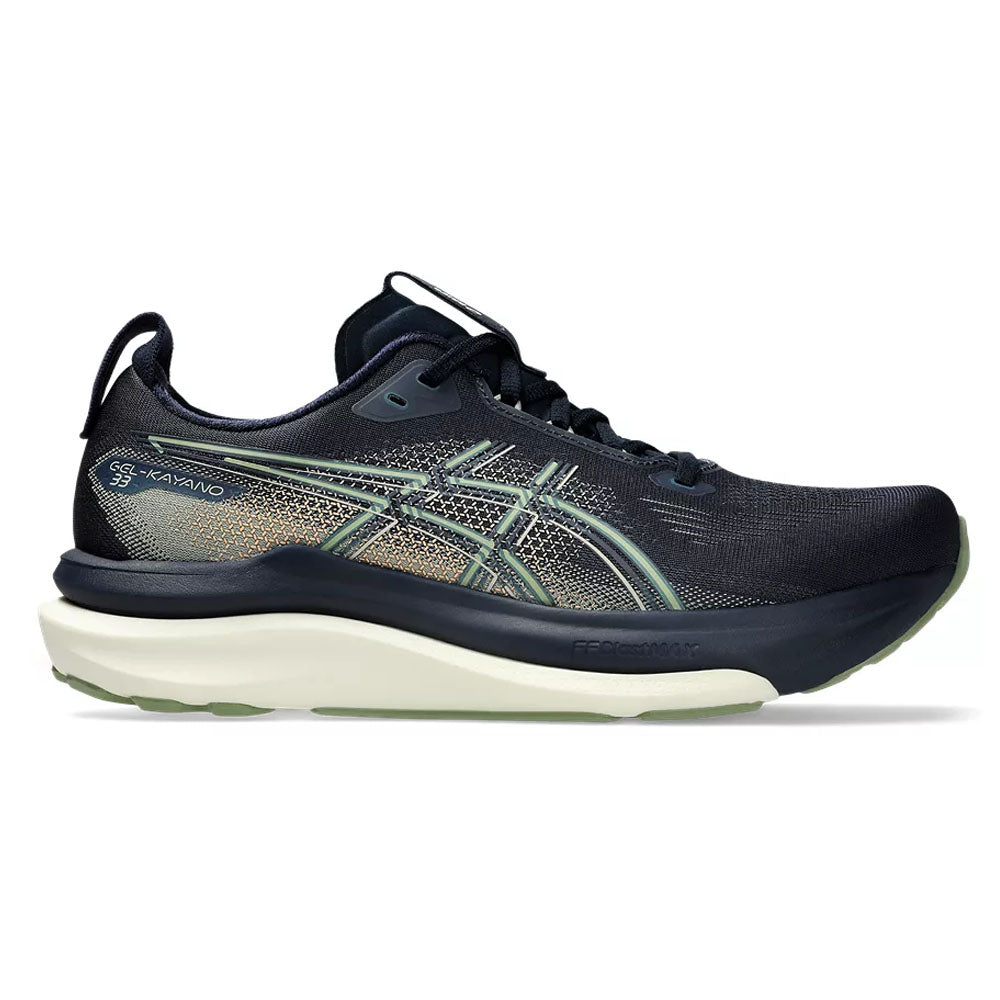Side view on white background of Mens Asics Gel-Kayano 33 running shoe in Midnight/Khaki Green, Wide width