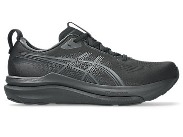 Side view on white background of Womens Asics Gel-Kayano 33 running shoe in Black/Black, Wide width