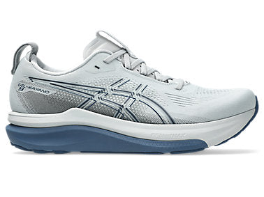 Side view on white background of Mens Asics Gel-Kayano 33  running shoe in Piedmont Grey/Midnight, Extra Wide width
