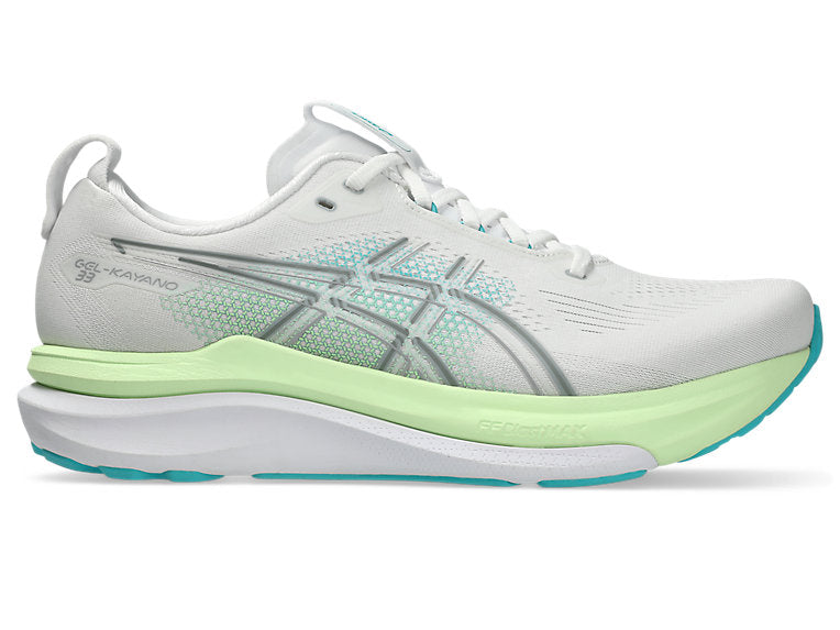 Side view on white background of Mens Asics Gel-Kayano 33 running shoe in White/Energy Aqua, Extra Wide width