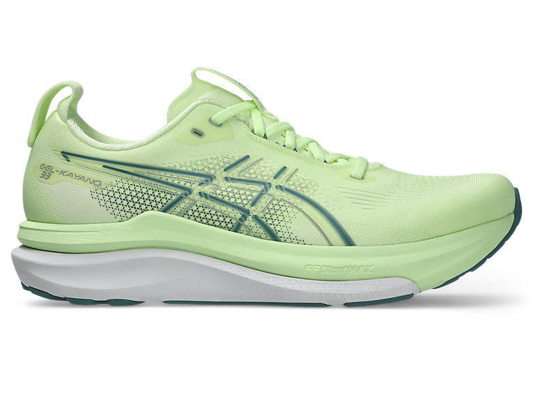 Side view on white background of Mens Asics Gel-Kayano 33 running shoe in Illuminate Yellow/White, Medium (Regular) width