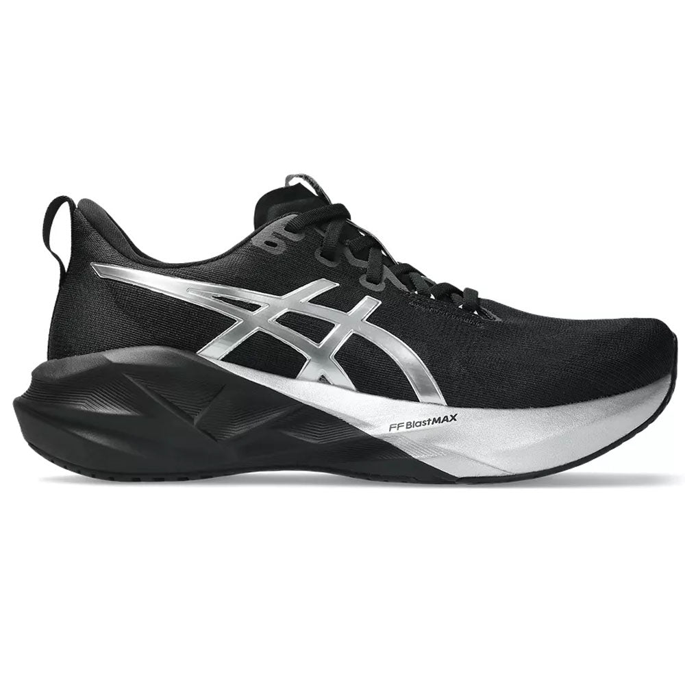 Side view on white background of Mens Asics Novablast running shoe in Platinum/Black, Medium (Regular) width