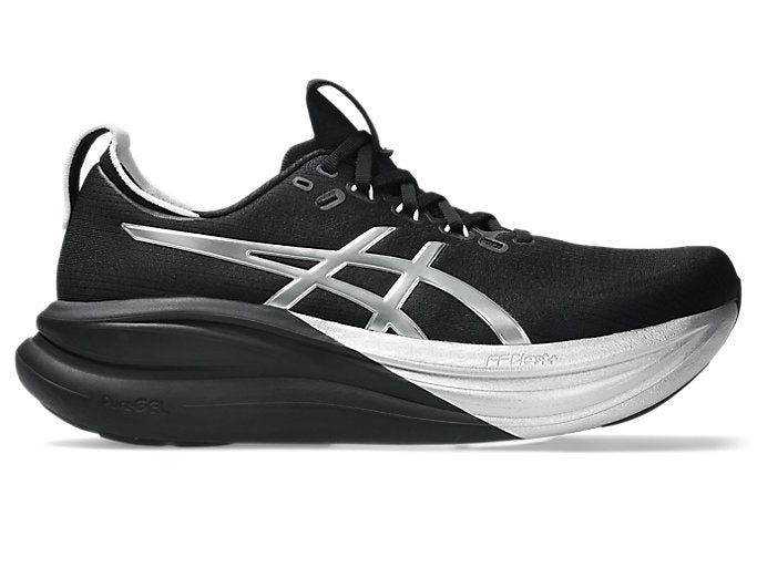 Side view on white background of Mens Asics Gel-Nimbus 28 running shoe in Platinum/Black, Medium (Regular) width