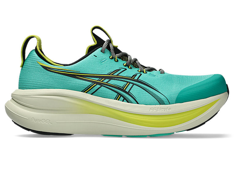 Side view on white background of Mens Asics Gel-Nimbus 28 TR running shoe in Aurora Green/Black, Medium (Regular) width