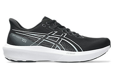 Side view on white background of Mens Asics GT-1000 15 running shoe in Black/White, Medium (Regular) width