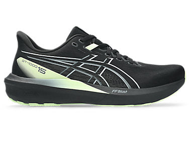 Side view on white background of Mens Asics Gt-1000 15 running shoe in Black/Illuminate Yellow, Medium (Regular) width
